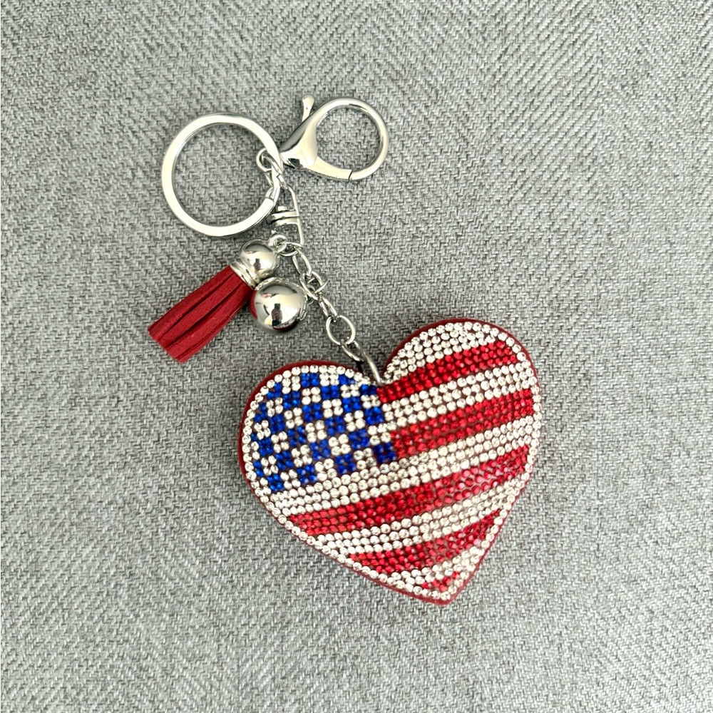 American Flag Red White and Blue Rhinestone Heart Keychain Bag Charm